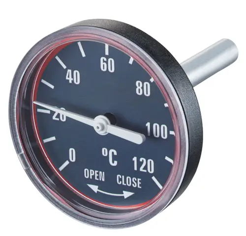 Rundes Thermometer mit einem Temperaturbereich von 0 °C bis 120 °C, schwarzem Ziffernblatt und einer weißen Zeigeranzeige, geeignet für Oventrop Regusol Stationen.